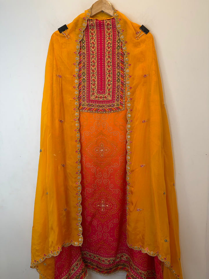 Bandira – Yellow Satin Organza Bandhani Suit