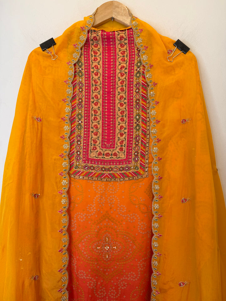 Bandira – Yellow Satin Organza Bandhani Suit