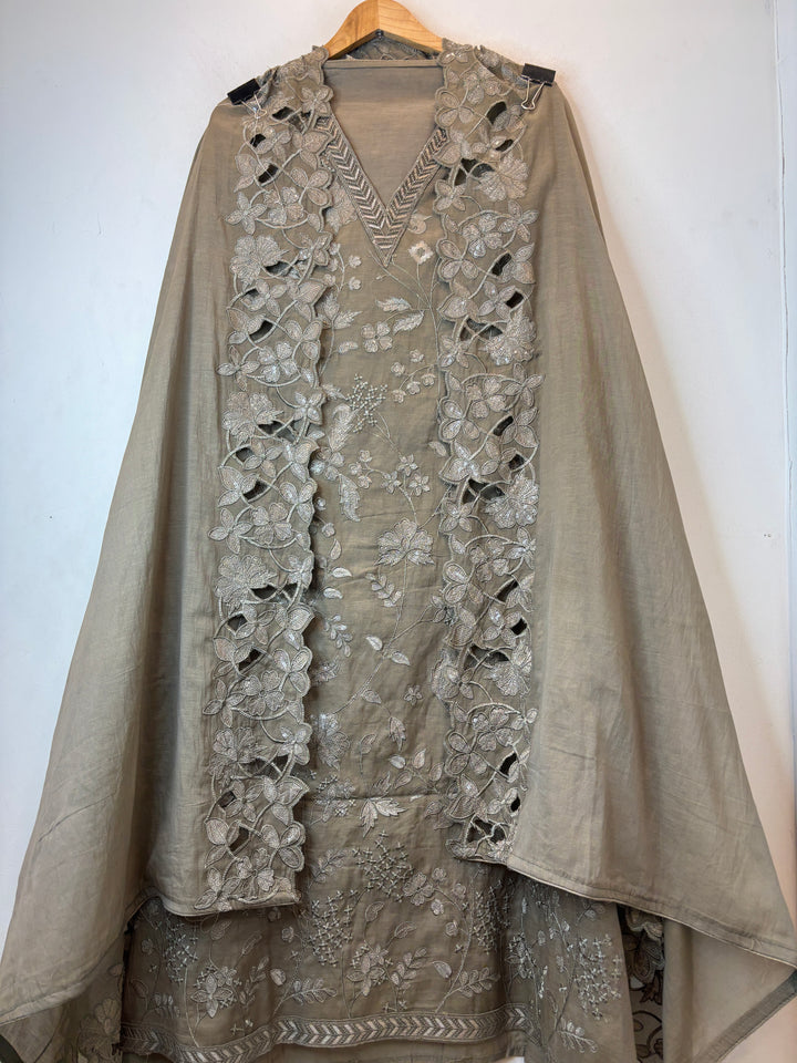 Meherbano – Greyish Brown Mul Chanderi Embroidered Suit