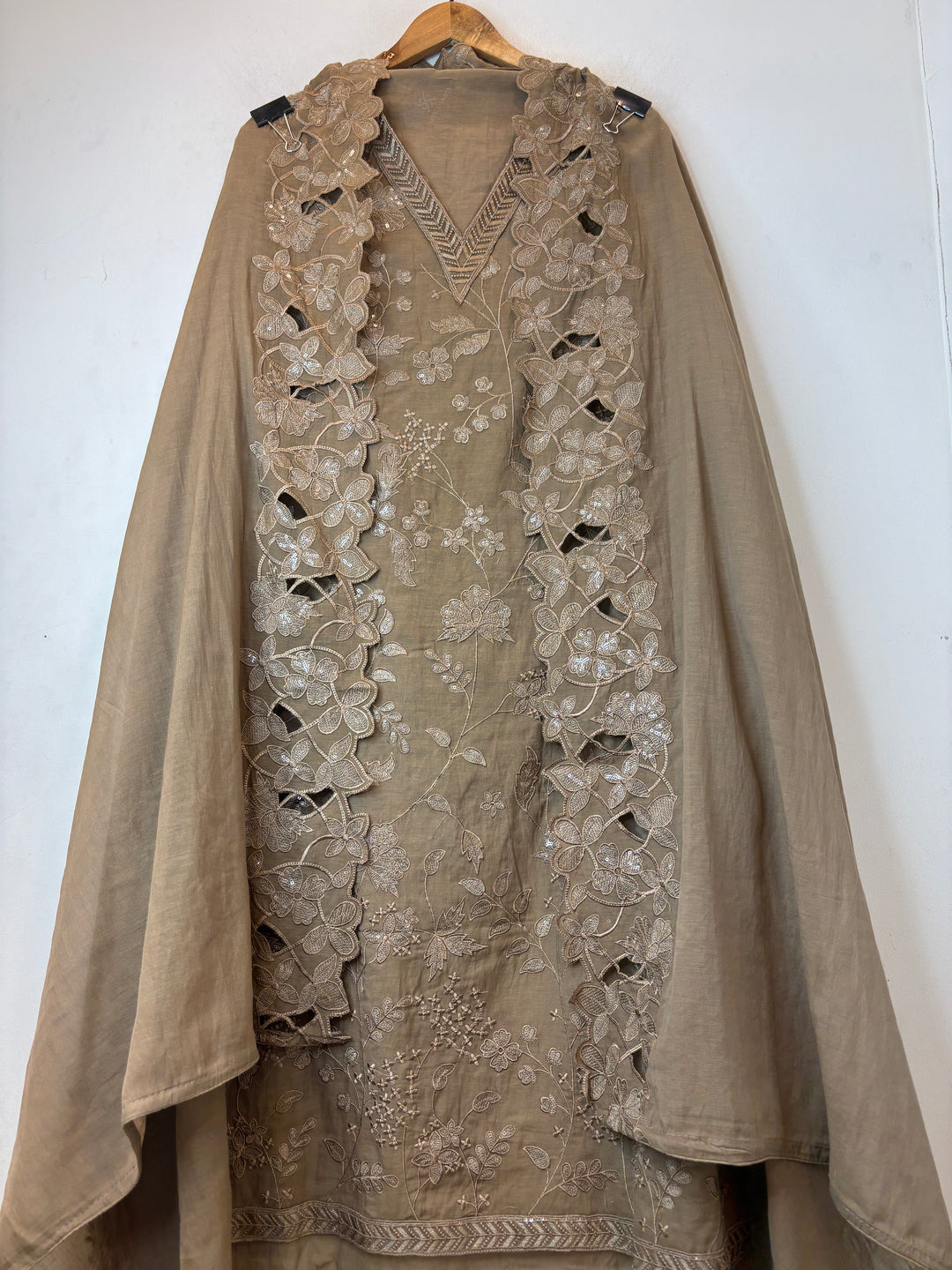 Meherbano – Beige Brown Mul Chanderi Embroidered Suit