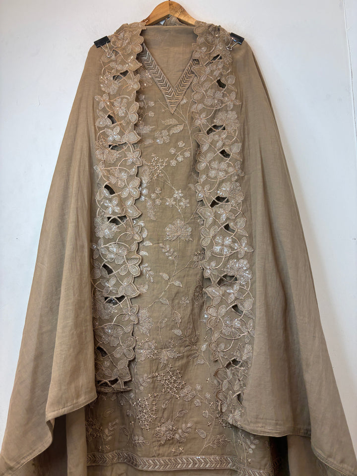 Meherbano – Beige Brown Mul Chanderi Embroidered Suit
