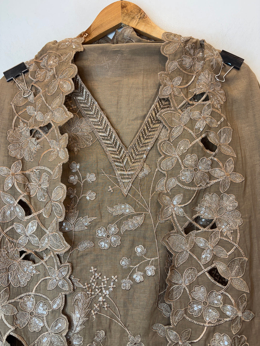 Meherbano – Beige Brown Mul Chanderi Embroidered Suit