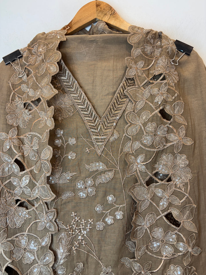 Meherbano – Beige Brown Mul Chanderi Embroidered Suit