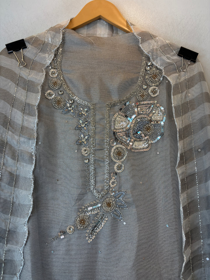 Zivara – Grey Tissue Burberry Embellished Suit