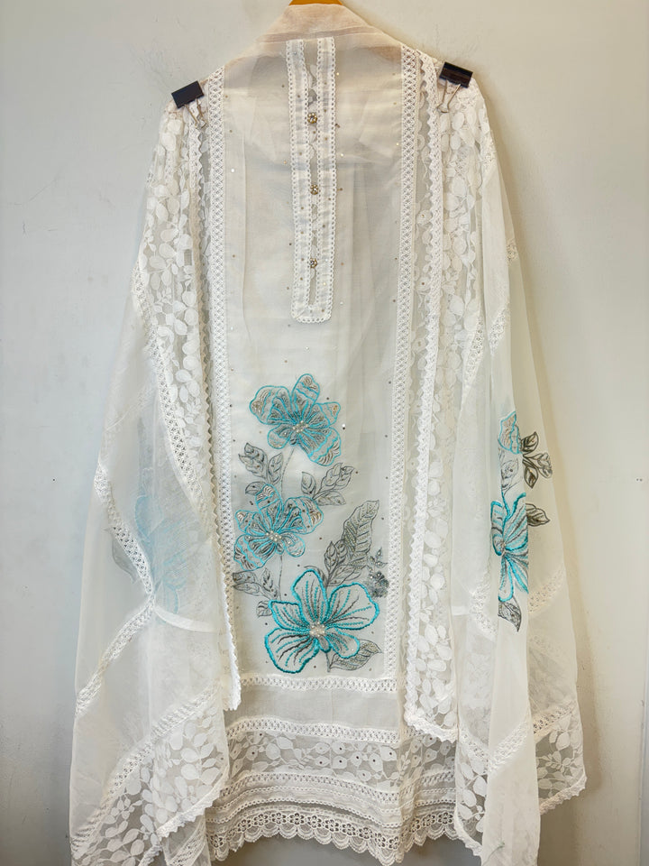 Zariah – Organza &amp; Kota Fusion Suit with Embroidered Elegance