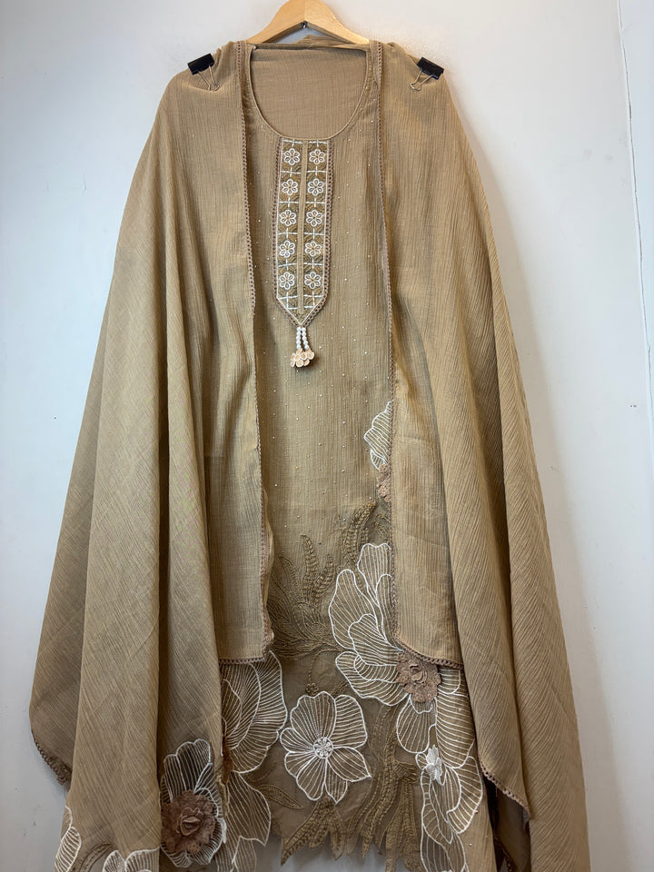 Gulrukh – Sand Beige Crush Mul Cotton Embroidered Suit