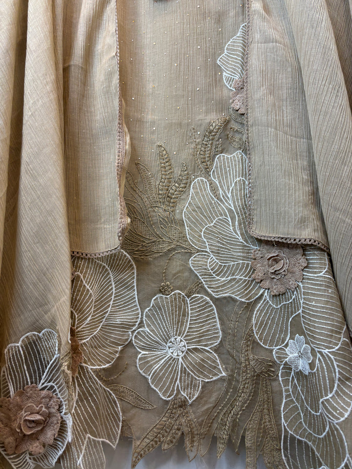 Gulrukh – Sand Beige Crush Mul Cotton Embroidered Suit