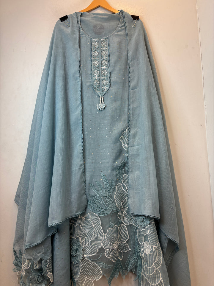 Gulrukh – Blue Crush Mul Cotton Embroidered Suit