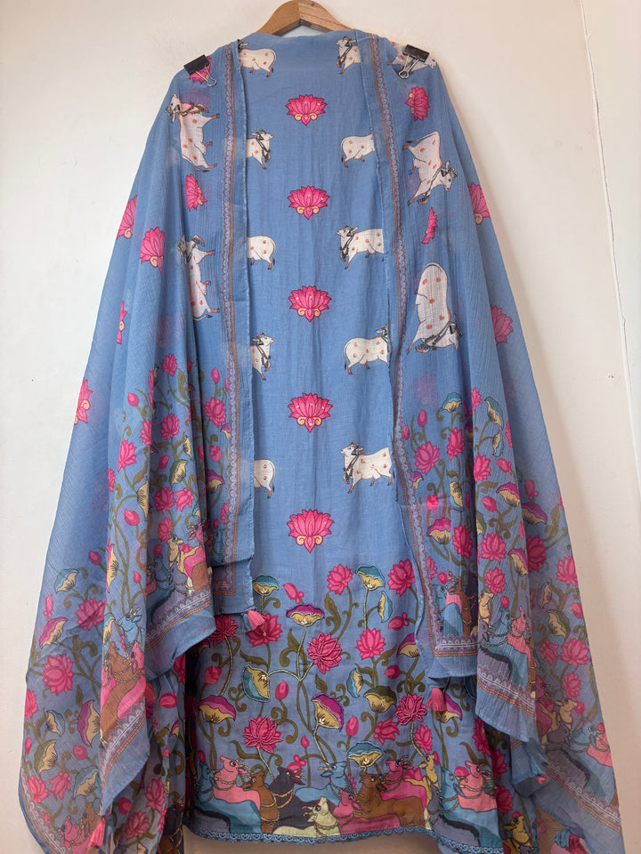 Pichwaiya – Blue Mul Cotton Artistic Suit