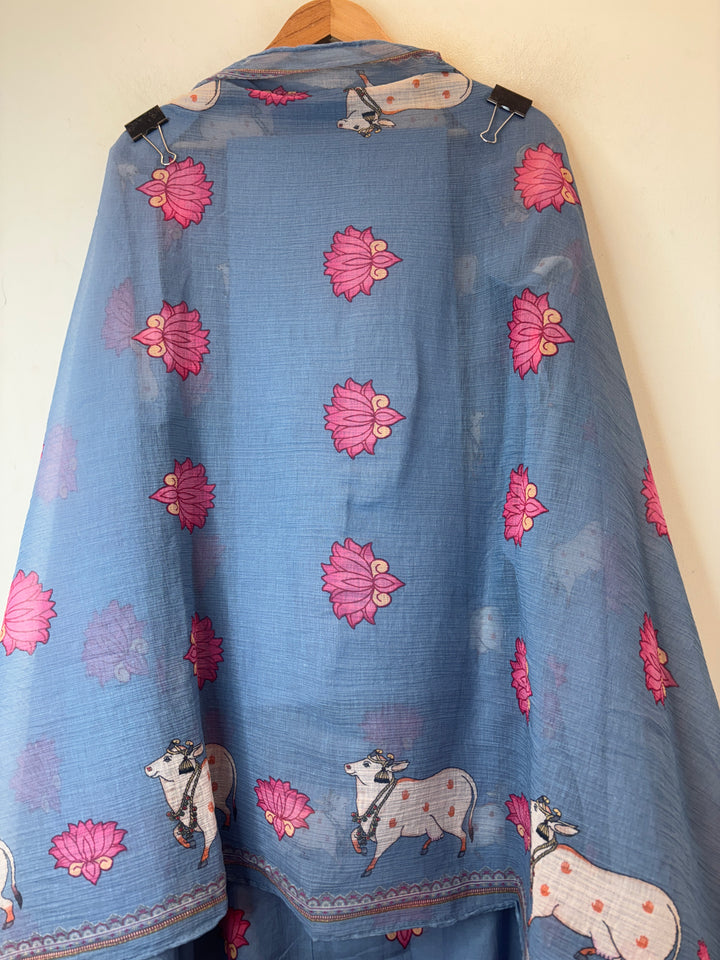 Pichwaiya – Blue Mul Cotton Artistic Suit