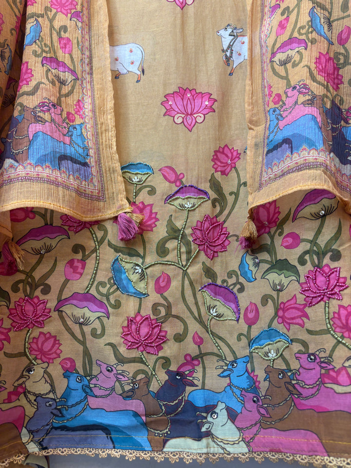 Pichwaiya – Yellow Mul Cotton Artistic Suit