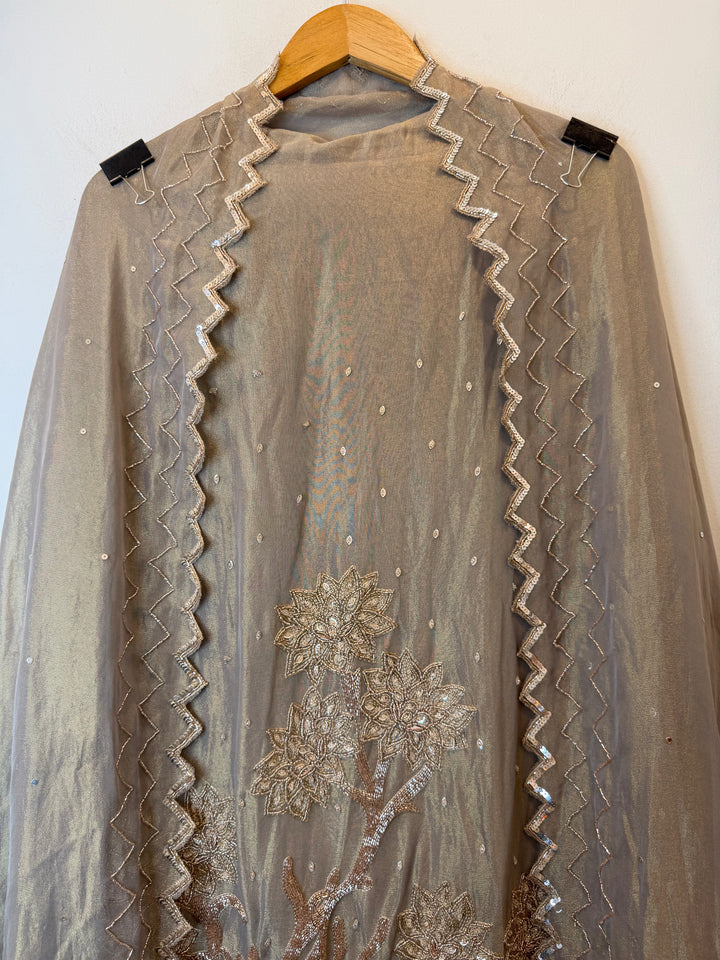 Zayara – Grey Tissue Burberry Dabka Handwork Suit