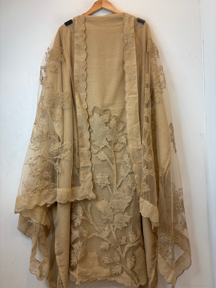 Brown Crush Mul Appliqué Suit Set with Cutwork Detailing