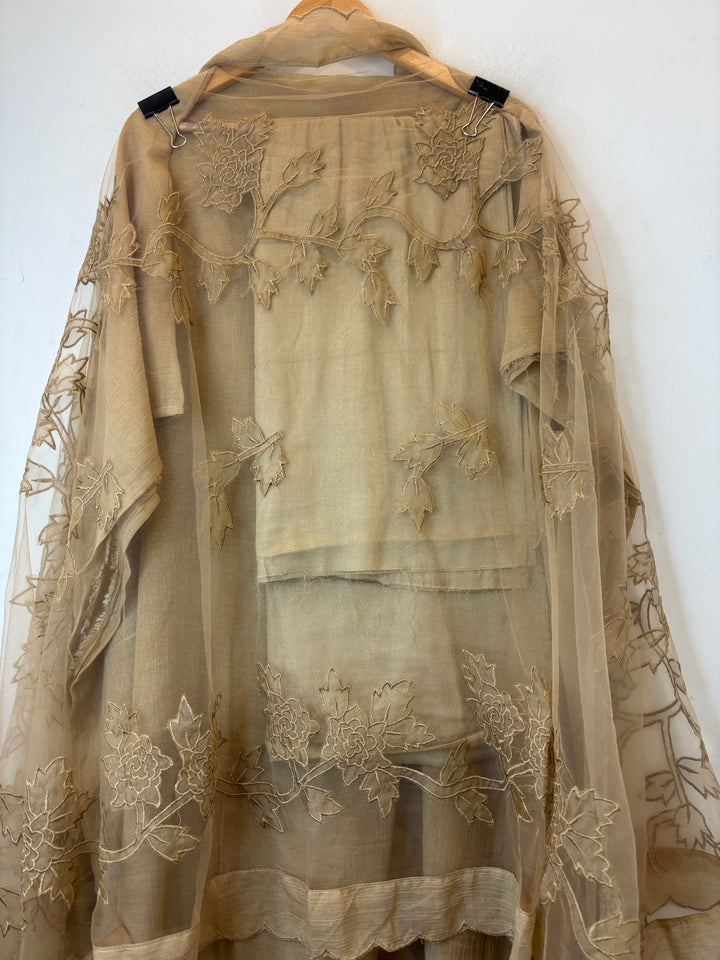 Brown Crush Mul Appliqué Suit Set with Cutwork Detailing
