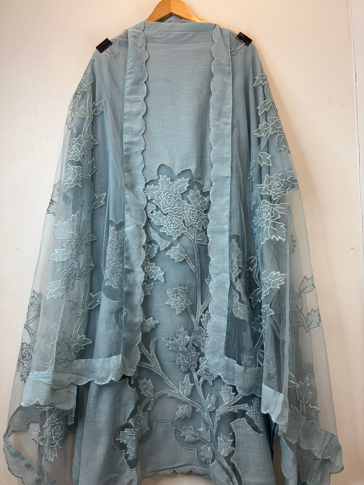 Powder Blue Crush Mul Appliqué Suit Set with Cutwork Detailing