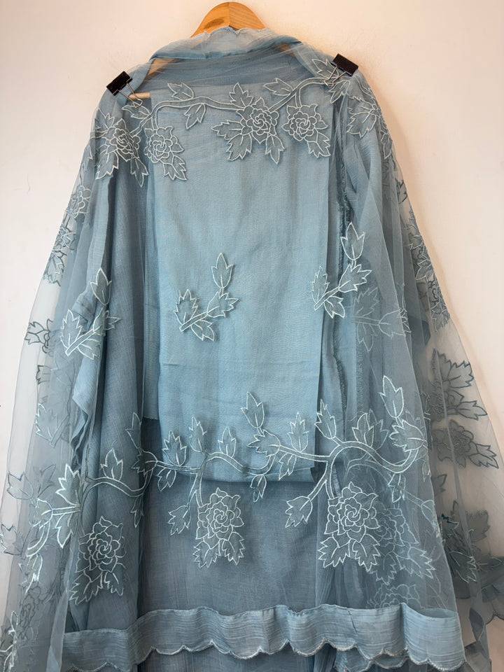Powder Blue Crush Mul Appliqué Suit Set with Cutwork Detailing