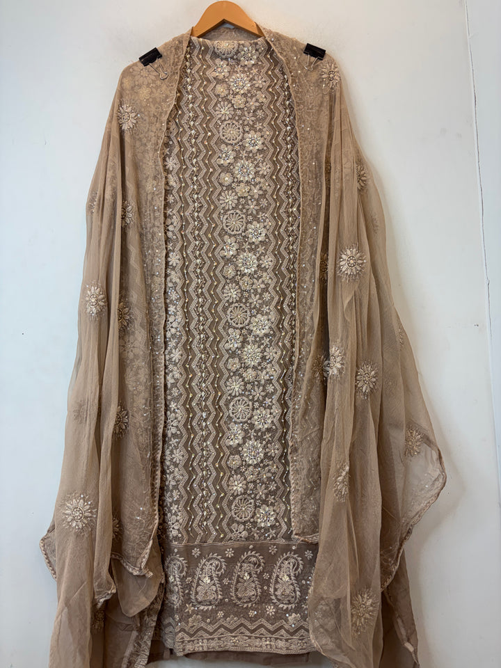Beige Georgette Unstitched Suit Set with 3D Floral &amp; Zari Embroidery