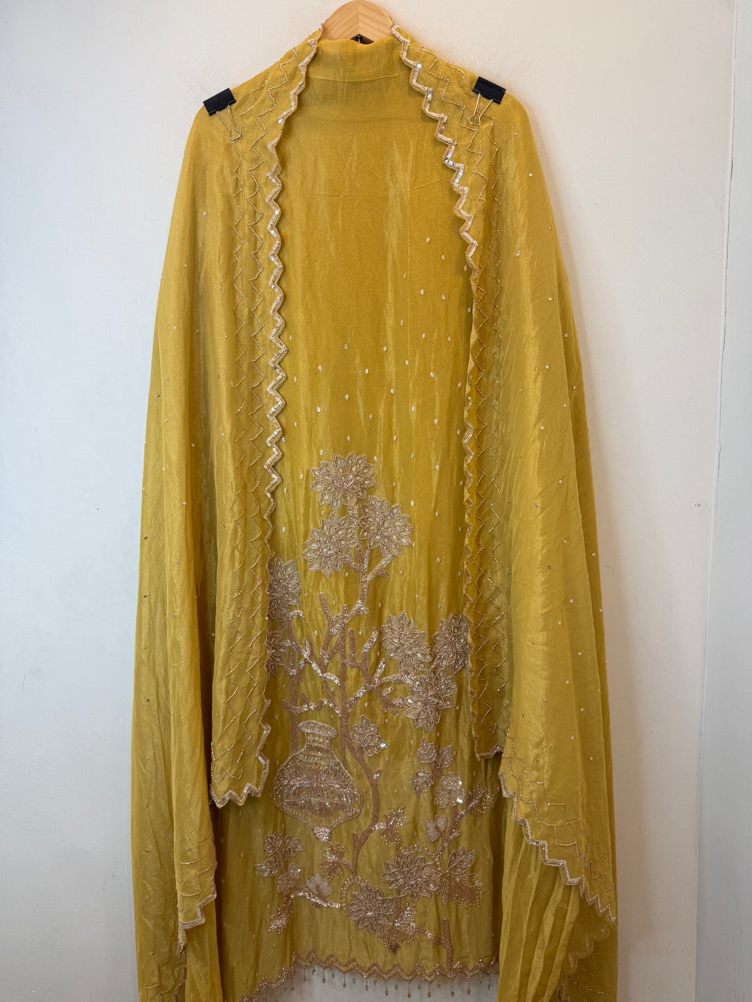 Zayara – Yellow Tissue Burberry Dabka Handwork Suit