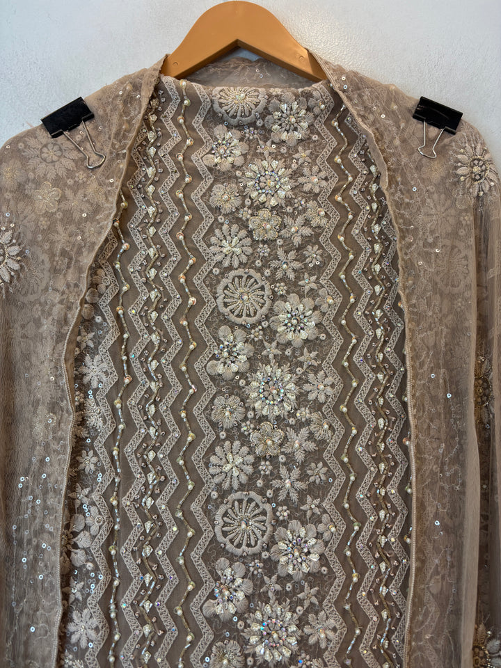 Beige Georgette Unstitched Suit Set with 3D Floral &amp; Zari Embroidery