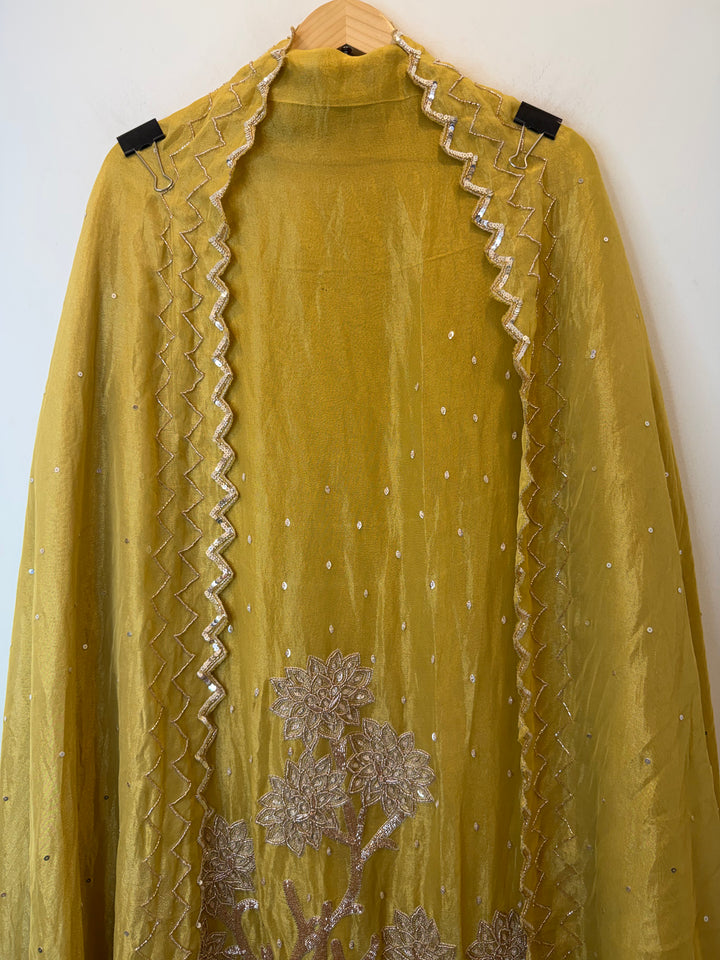 Zayara – Yellow Tissue Burberry Dabka Handwork Suit