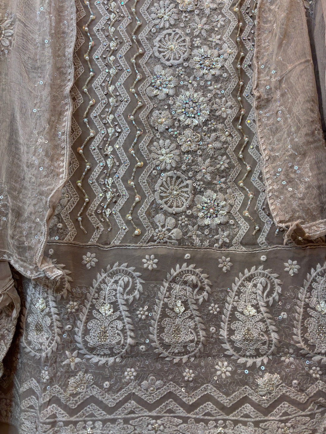 Beige Georgette Unstitched Suit Set with 3D Floral &amp; Zari Embroidery
