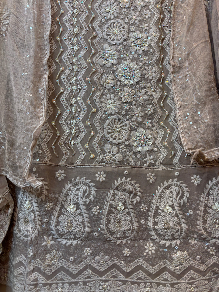 Beige Georgette Unstitched Suit Set with 3D Floral &amp; Zari Embroidery