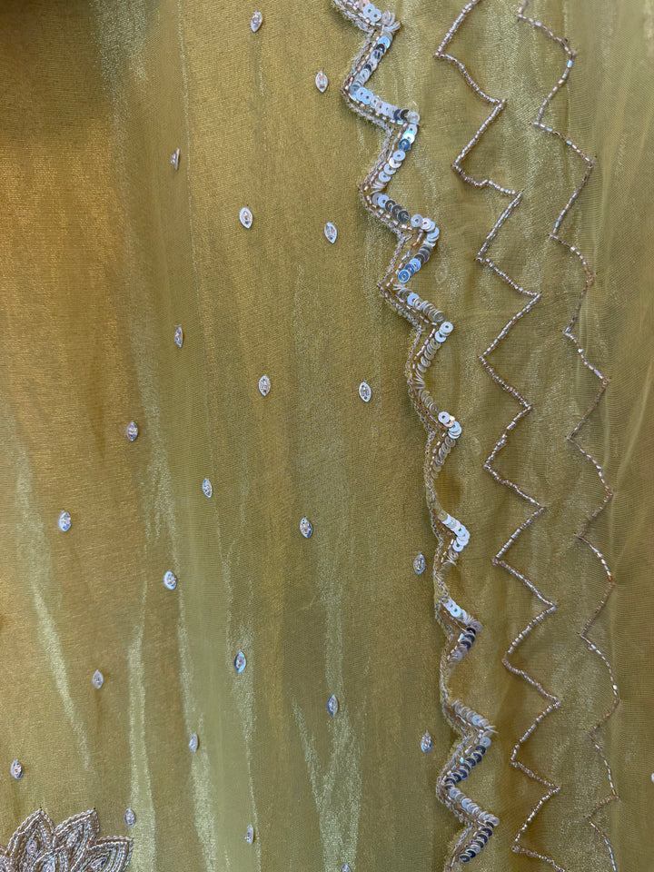 Zayara – Yellow Tissue Burberry Dabka Handwork Suit