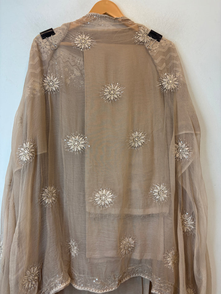Beige Georgette Unstitched Suit Set with 3D Floral &amp; Zari Embroidery