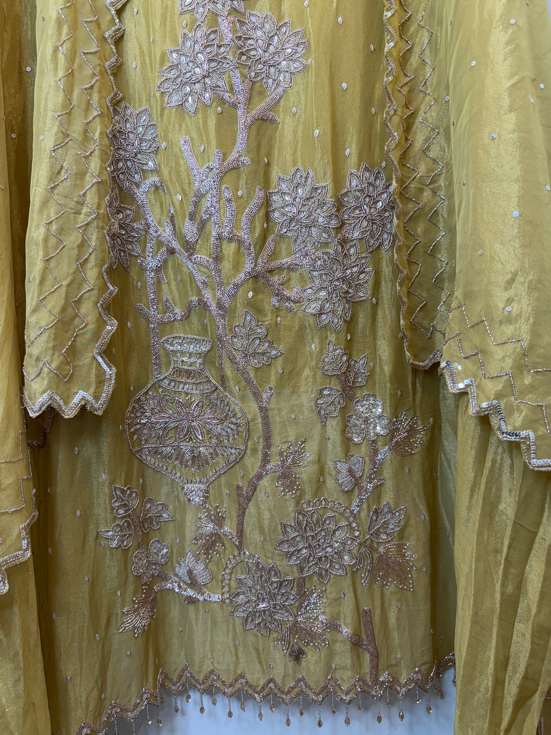 Zayara – Yellow Tissue Burberry Dabka Handwork Suit