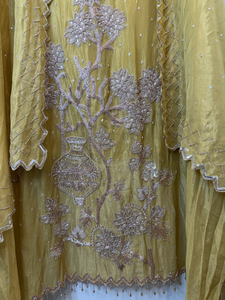 Zayara – Yellow Tissue Burberry Dabka Handwork Suit