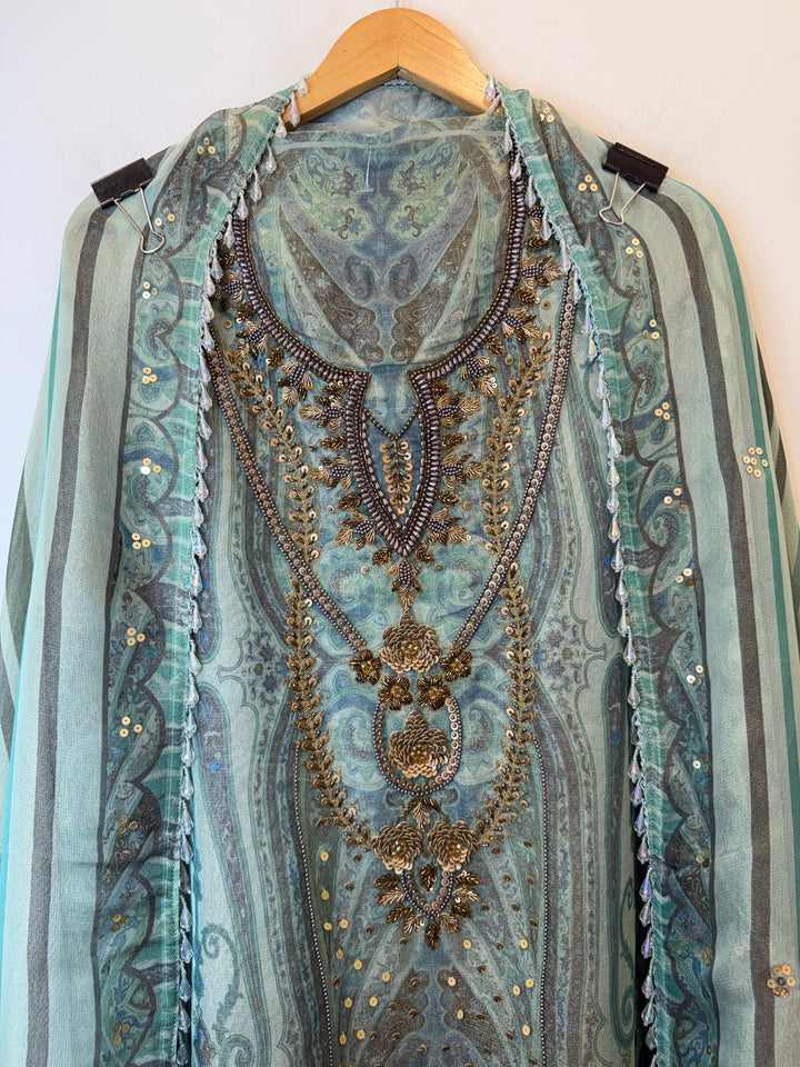 Zivara – Blue Tissue Burberry Metallic Handwork Suit