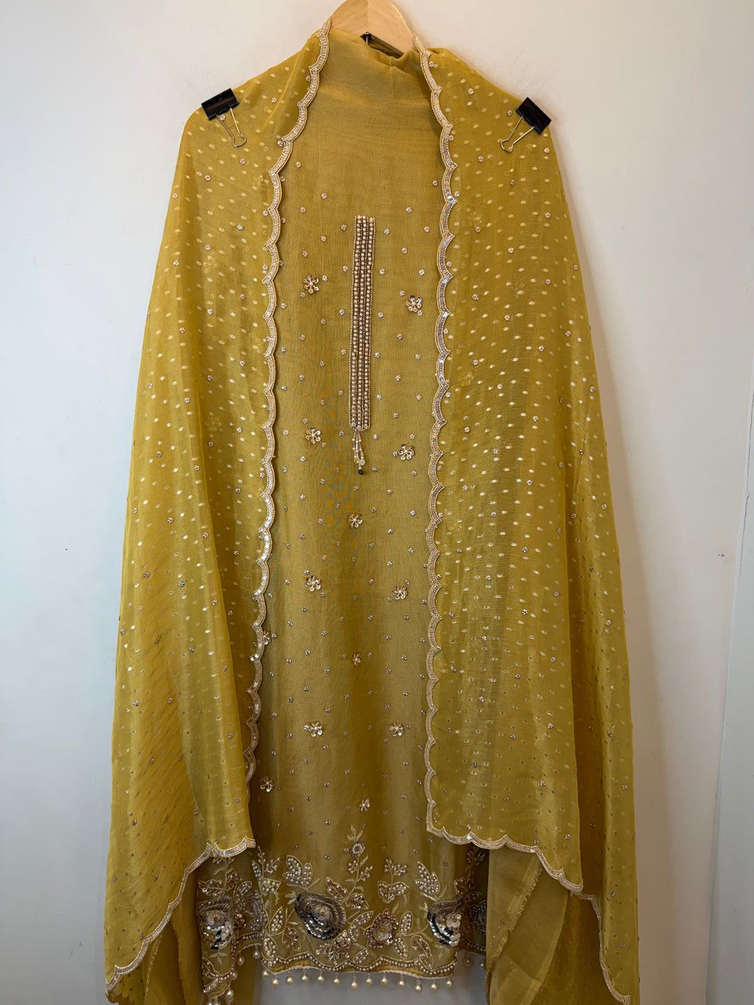 Zayelle – Yellow Tissue Burberry Pearl Sequin Suit