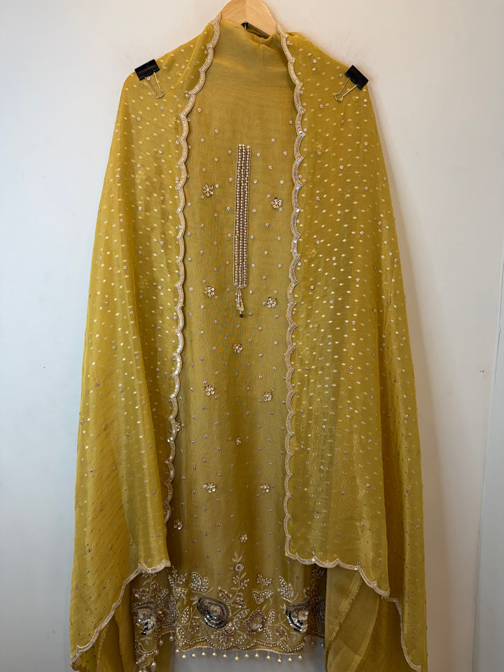 Zayelle – Yellow Tissue Burberry Pearl Sequin Suit
