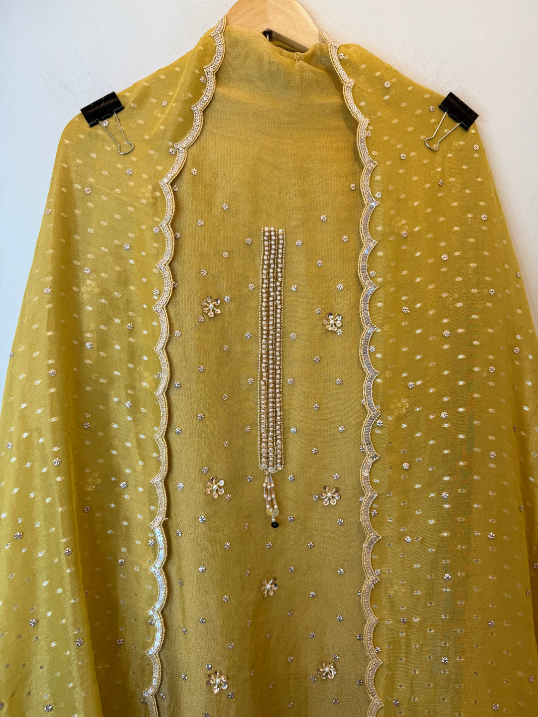 Zayelle – Yellow Tissue Burberry Pearl Sequin Suit