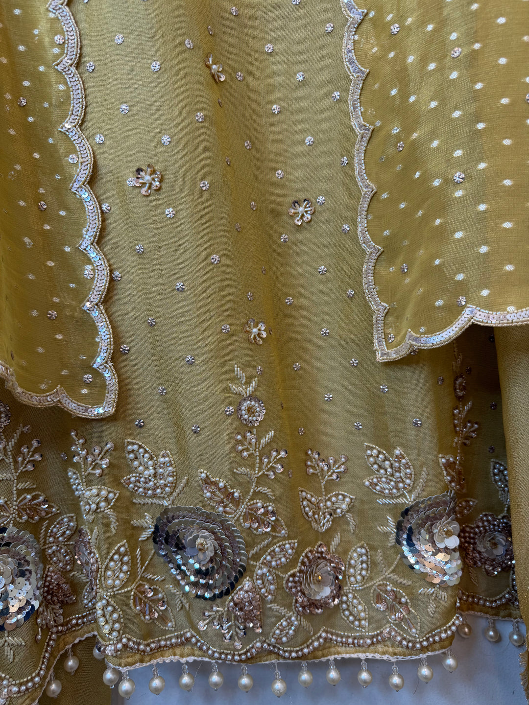 Zayelle – Yellow Tissue Burberry Pearl Sequin Suit
