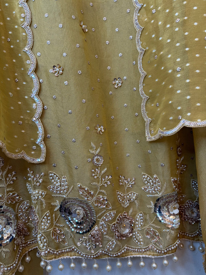 Zayelle – Yellow Tissue Burberry Pearl Sequin Suit
