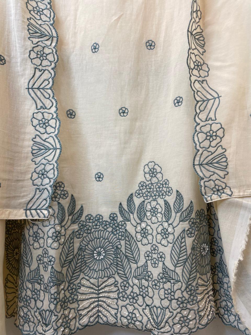 Mul Cotton Unstitched Suit Set with Pearl &amp; Sequin Embroidery