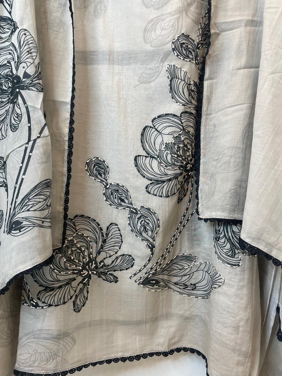Mul Cotton Printed Unstitched Suit Set with Handwork &amp; Sequin Detailing
