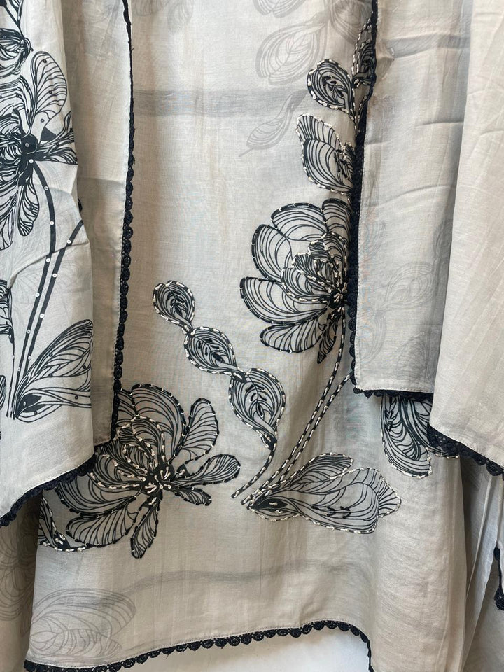 Mul Cotton Printed Unstitched Suit Set with Handwork &amp; Sequin Detailing