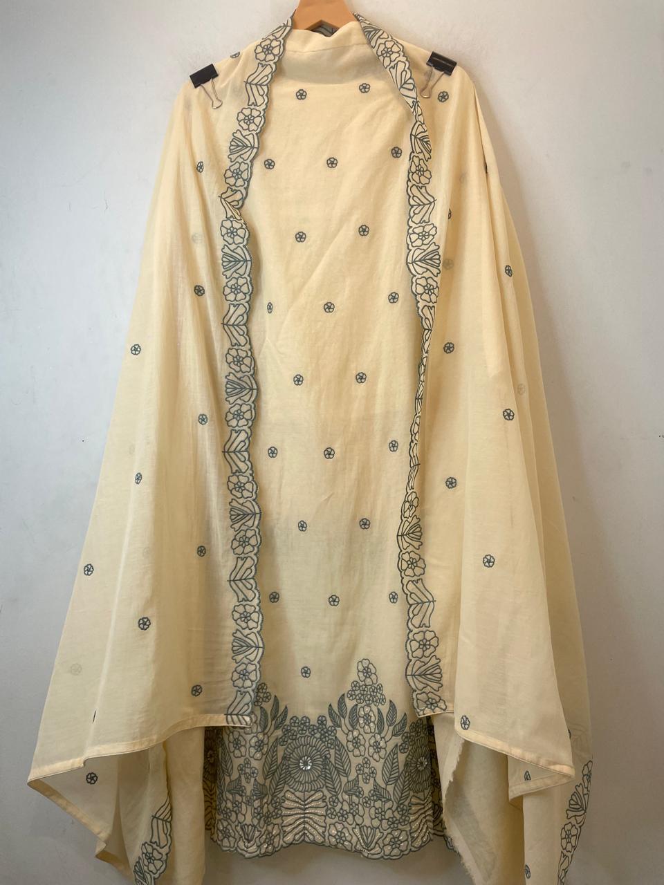 Mul Cotton Unstitched Suit Set with Pearl &amp; Sequin Embroidery