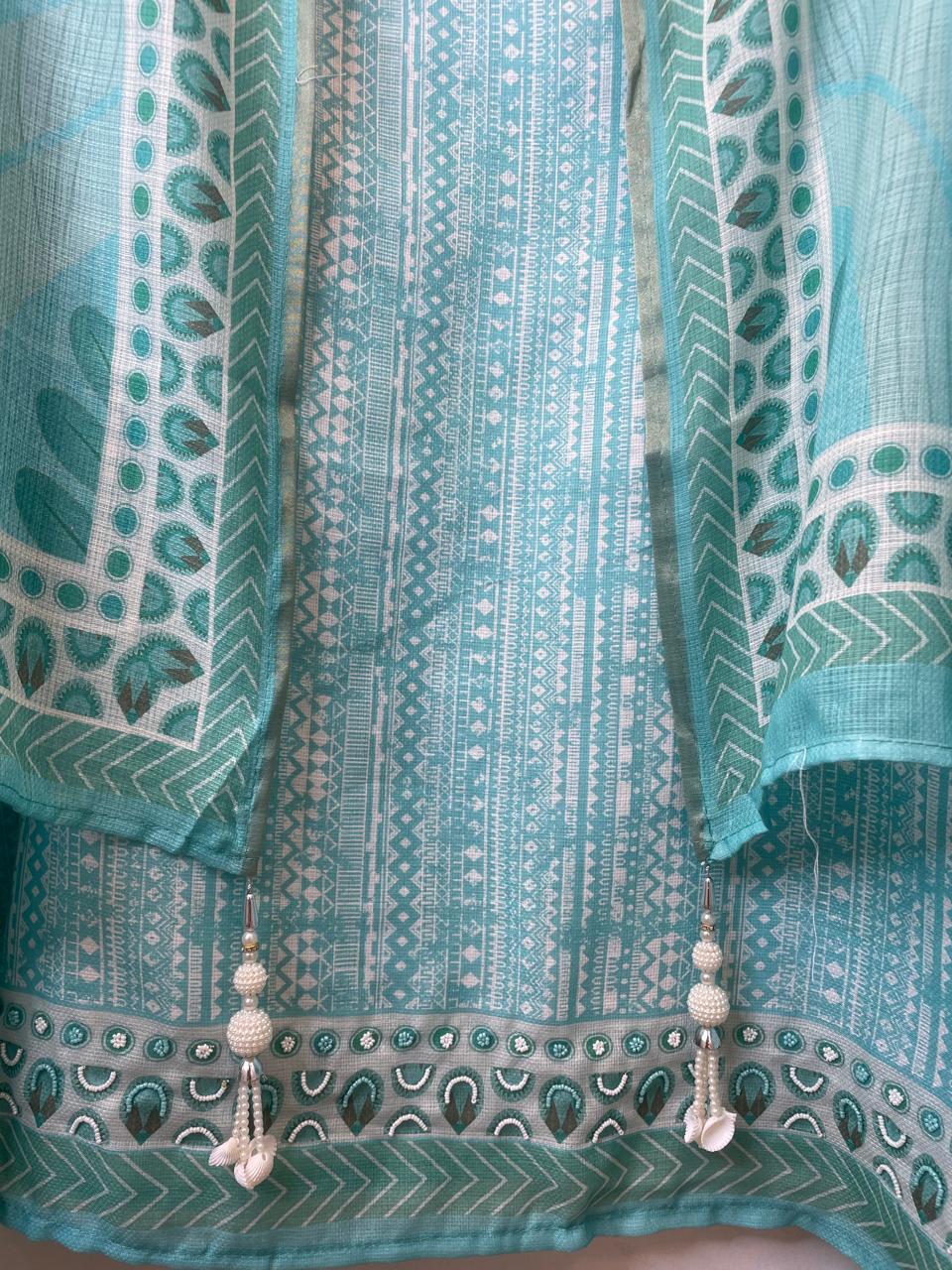 Blue Fine Cotton Printed Unstitched Suit Set with Dabka &amp; Pearl Work