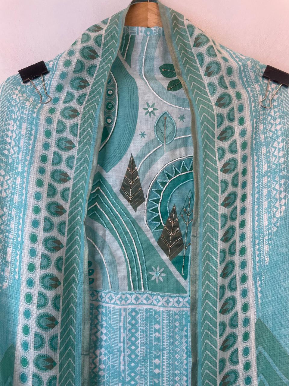 Blue Fine Cotton Printed Unstitched Suit Set with Dabka &amp; Pearl Work