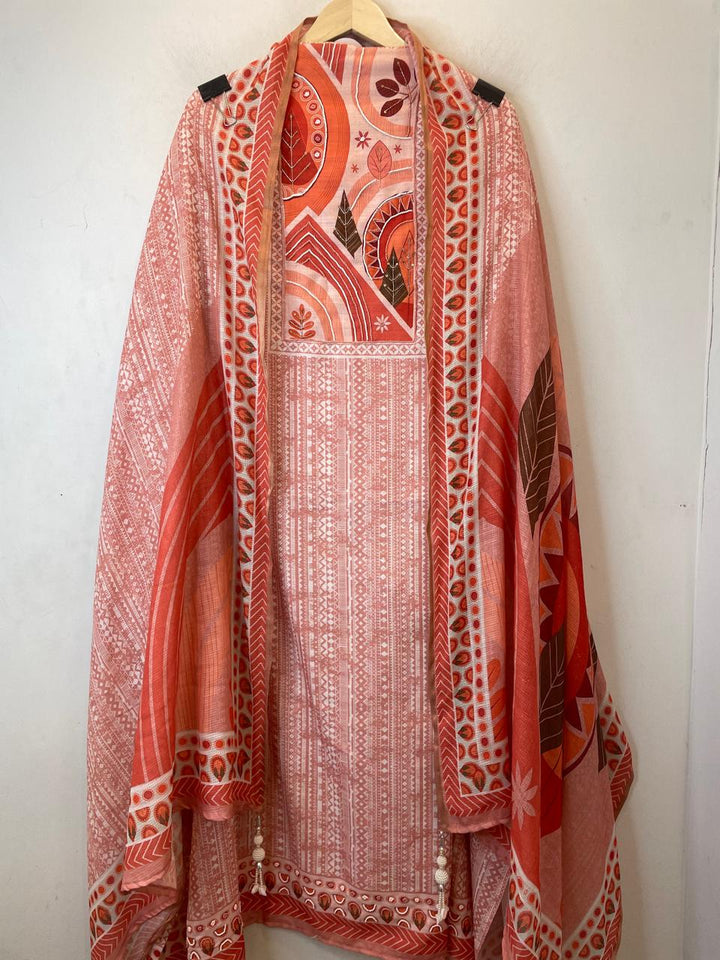 Orange Fine Cotton Printed Unstitched Suit Set with Dabka &amp; Pearl Work