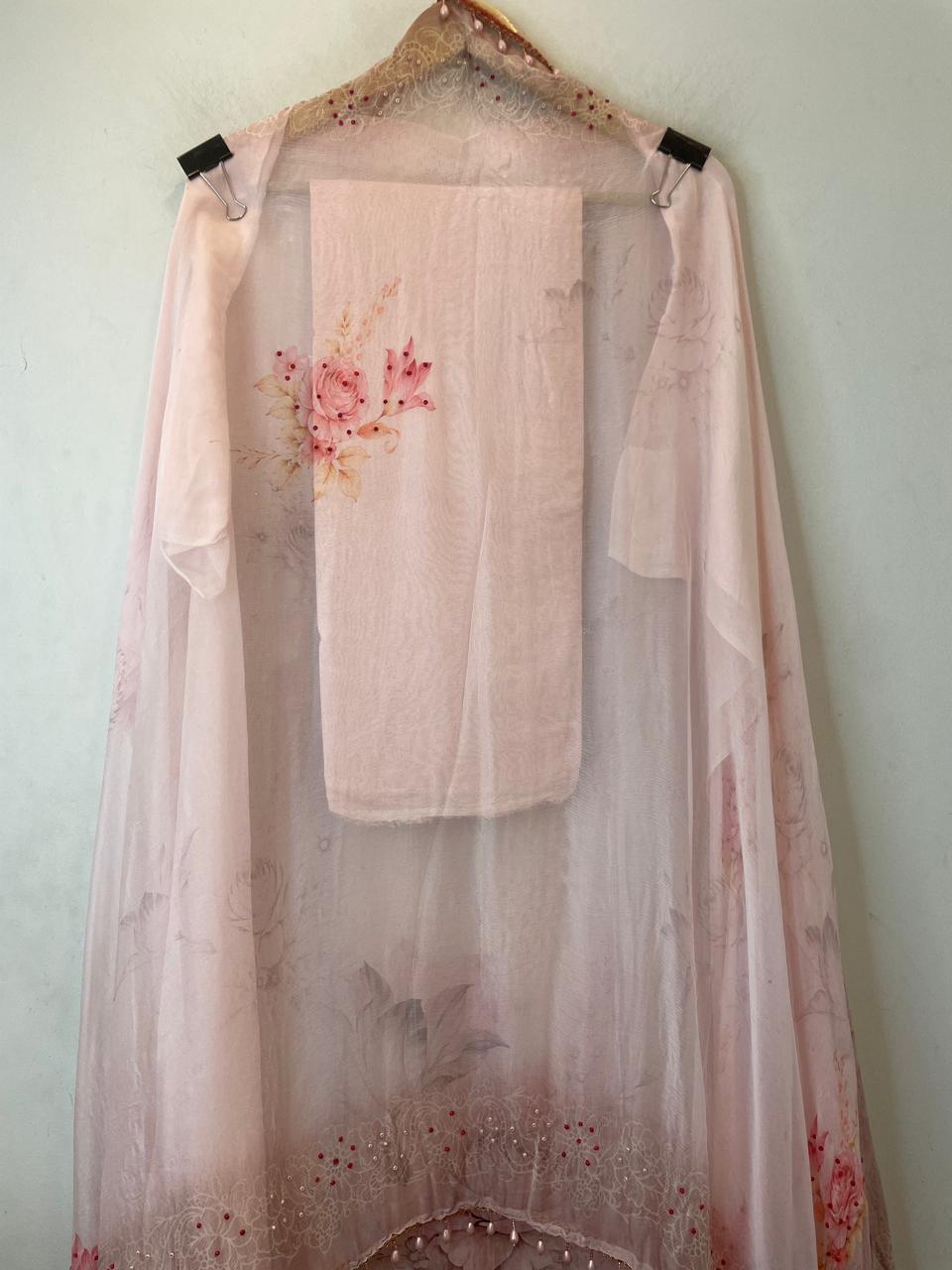 Powder Pink Organza Printed Unstitched Suit Set with Bead &amp; Sequin Work