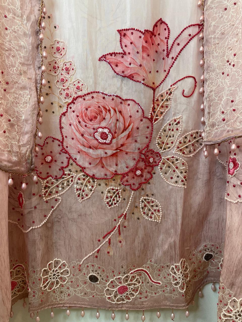 Powder Pink Organza Printed Unstitched Suit Set with Bead &amp; Sequin Work