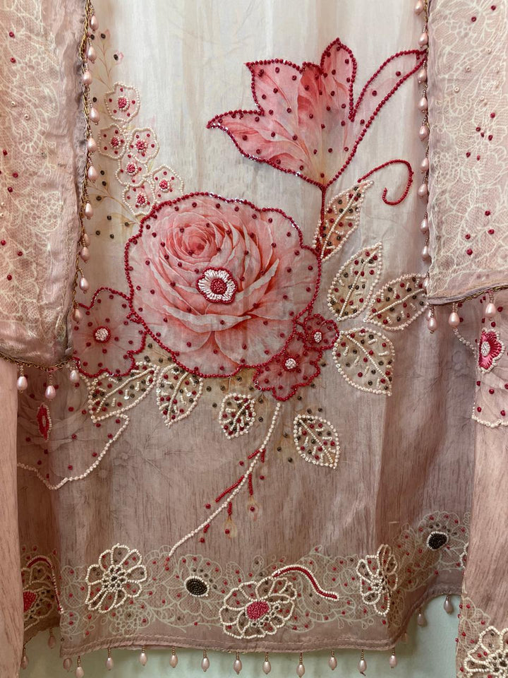 Powder Pink Organza Printed Unstitched Suit Set with Bead &amp; Sequin Work