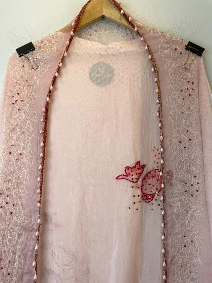 Powder Pink Organza Printed Unstitched Suit Set with Bead &amp; Sequin Work