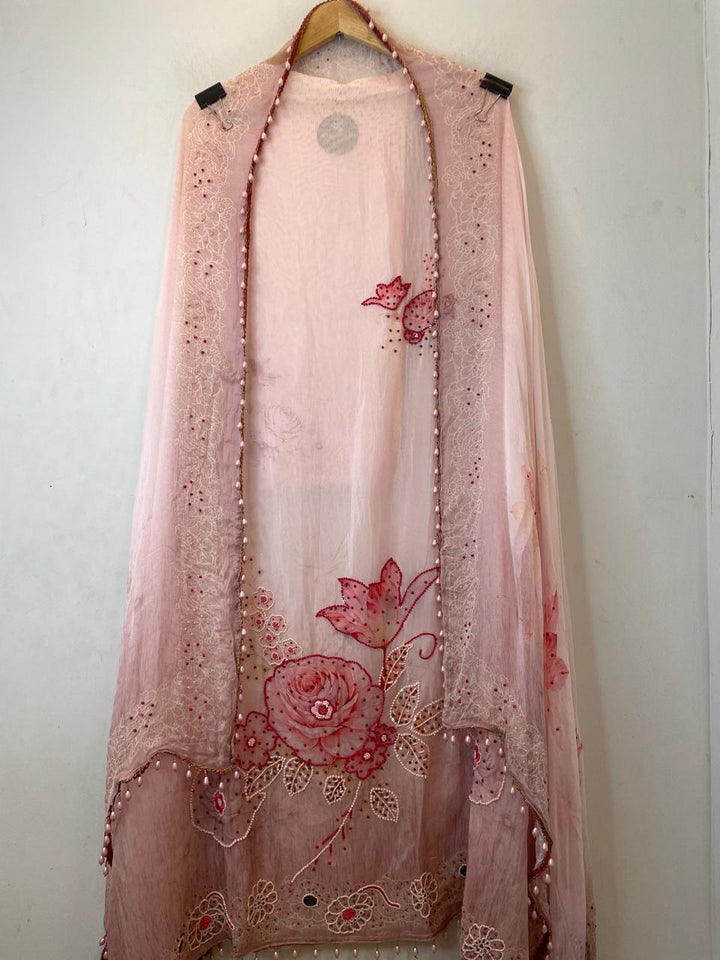 Powder Pink Organza Printed Unstitched Suit Set with Bead &amp; Sequin Work