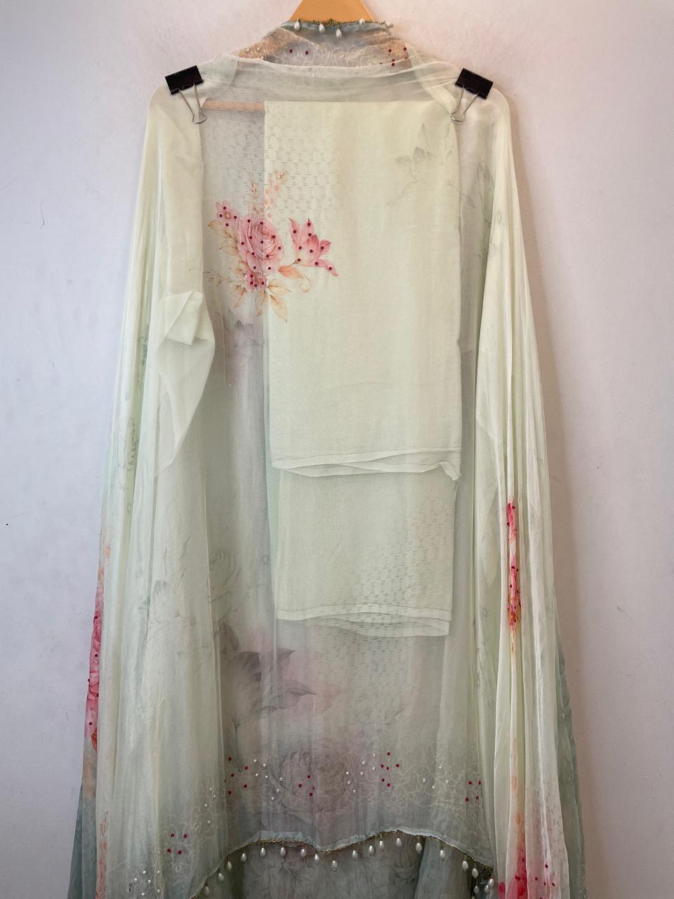 Mint Green Organza Printed Unstitched Suit Set with Bead &amp; Sequin Work