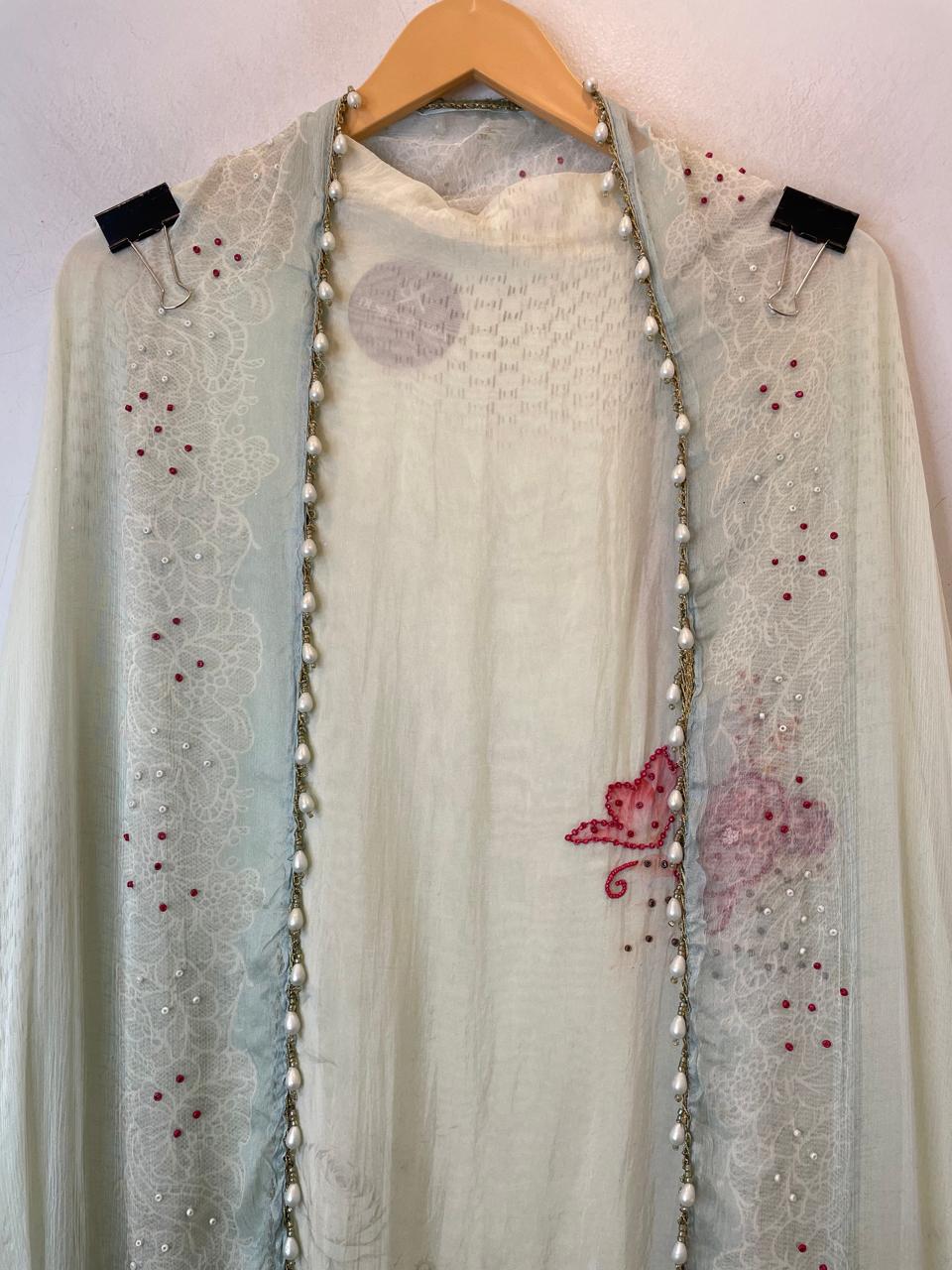 Mint Green Organza Printed Unstitched Suit Set with Bead &amp; Sequin Work